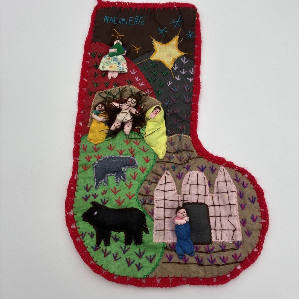 Vintage Peruvian Arpillera Nativity Christmas Stocking Handmade Nacimiento 15in